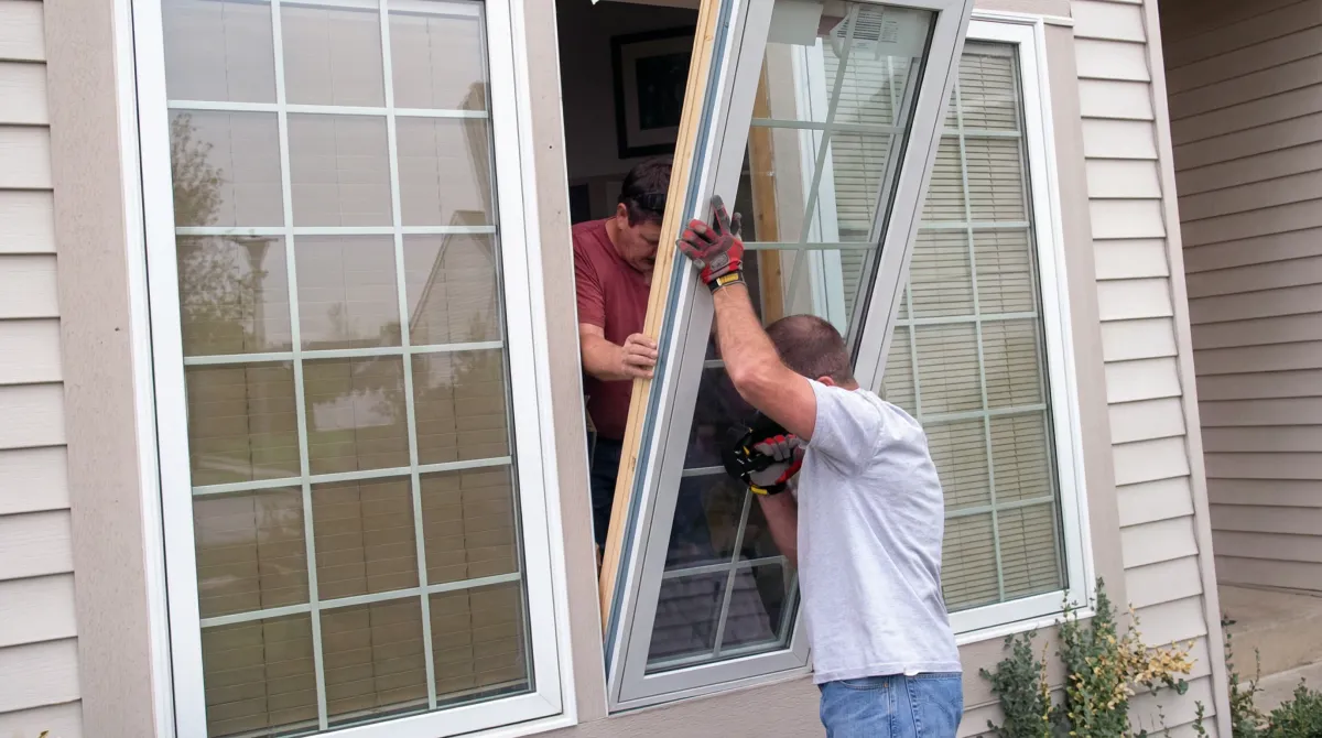 Professional home remodeling team installing a large replacement window on a house with tan siding in Allentown, PA